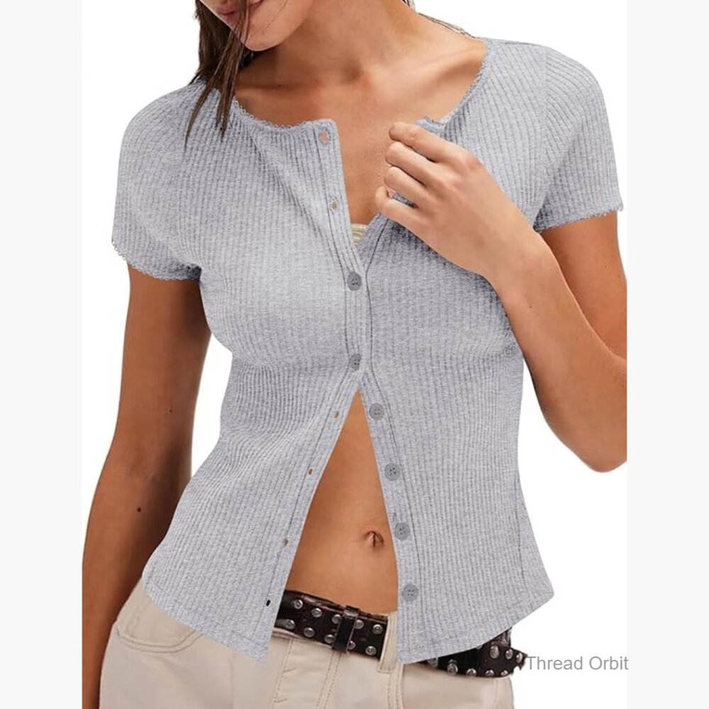 Slim Fit Ribbed Knit Button Down Shirt Short Sleeve Cropped Top